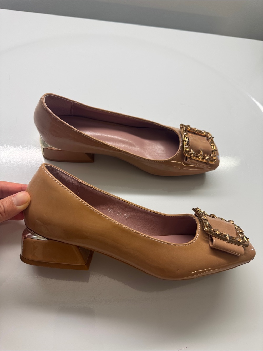 Women's Tan Patent Block Heel Pump with Decorative Buckle